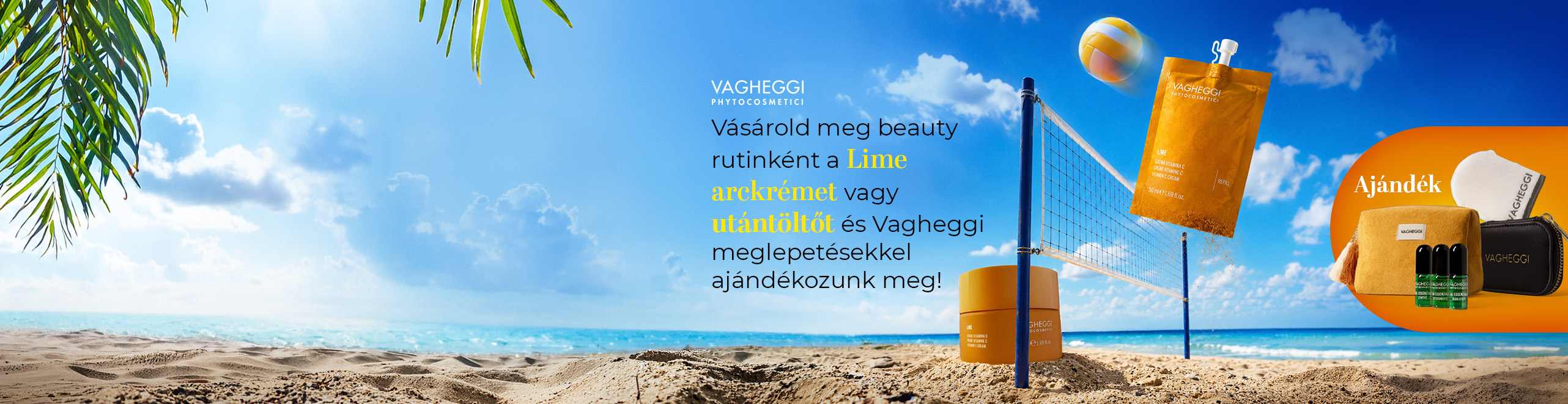 Sötét lila háttéren Pokorny Lia látható az új efficacy booster, intenzív arcápoló kit és aranyszínű csomagolásban található arcápoló Vagheggi 75.25 olajjal.